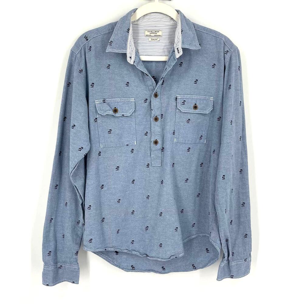 Zara Man Denim Couture Blue Casual Collared Shirt Medium‎ Palm Print Slim Fit